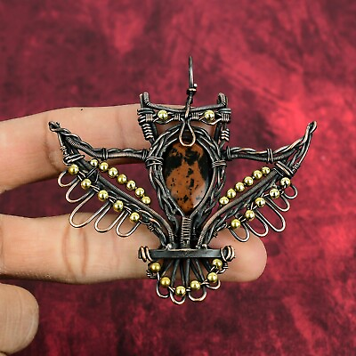 #ad Mahogany Obsidian Gemstone Pendant Copper Wire Wrap Handmade Pendant Owl Jewelry