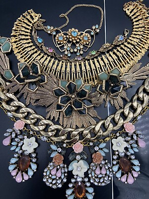 #ad Vtg Mod Gold Tone Jeweled Statement Necklaces