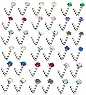 #ad Pair 18G 20G Nose Rings Ring L Shape Bend Prong Crystal Stud Clear 2mm 3mm CZ