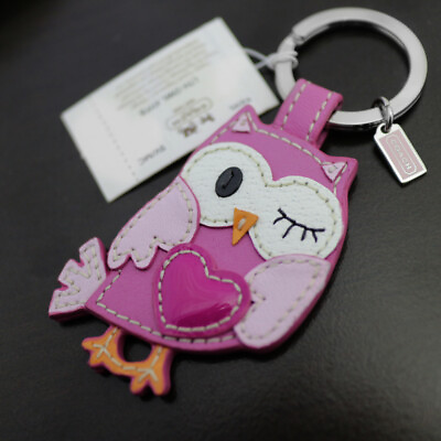 #ad NWT COACH 93095 Bird Keychain Pink Love OWL Leather keyring KEY FOB NEW