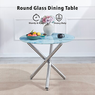 #ad Round Marble Tempered Glass Dining Table Silver Chromed Legs Dining Room Kitchen