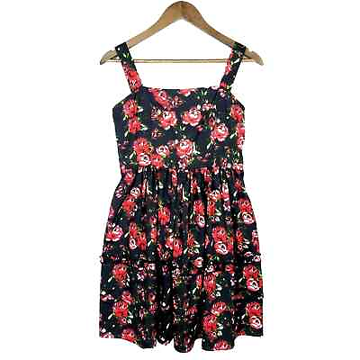#ad Romeo Juliet Couture Black Red Floral Print Ruffle Dress Sz Small Retro Pinup