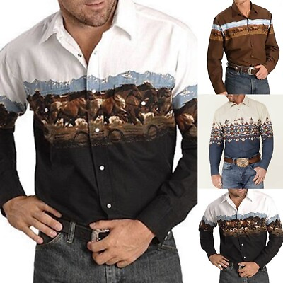 #ad Mens Long Sleeve Shirts Western Tribal Ethnic Vintage Retro Button Outwear Tops