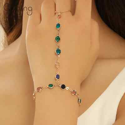 #ad Colorful Zircon Crystal Link Chain Wrist Bracelet For Women Finger Ring