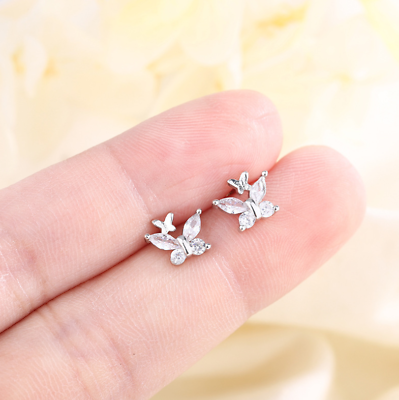 #ad 925 Sterling Silver Post Tiny Small Butterfly CZ Stud Earrings 8mm Gift I107