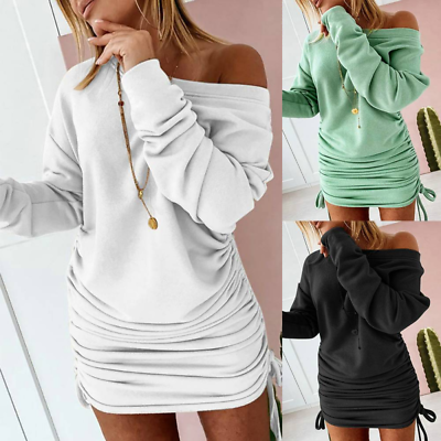 #ad Womens Off Shoulder Long Sleeve Drawstring Sweatshirt Mini Dress Pullover Top Us
