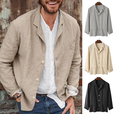 #ad Mens Button Down Linen Cotton Shirt Tops Casual Blazer Jacket Long Sleeve Blouse $30.41