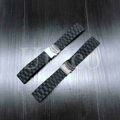 #ad 20 22 24 MM Black Silicone Rubber Watch Band Strap Deployment Clasp Buckle USA