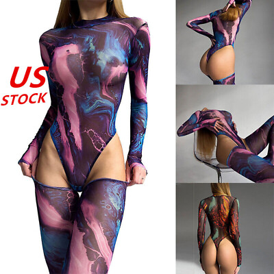 #ad US Women Bodysuit Top Colorful Ultrathin Mesh Jumpsuit Long Sleeve Thong Leotard