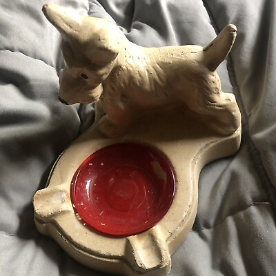 #ad VINTAGE CHALKWARE TERRIER DOG ASHTRAY 6.5x 4.5. Glass Red Insert . Super Cute