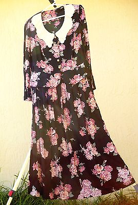 #ad COTTAGECORE VTG 80S 90S S M PEPLUM PINK FLORAL ROSES EMBROIDERED COLLAR DRESS