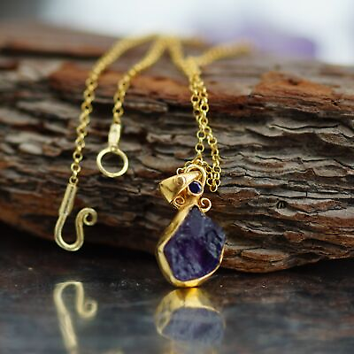 #ad Omer 925 k Silver Purple Raw Amethyst Gemstone Handmade Turkish Gold Necklace