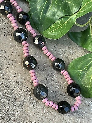 #ad Vintage Pink Seed Bead Black Aurora Borealis Bead Necklace Costume Jewelry