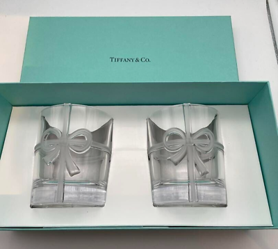 #ad TIFFANYamp;Co. Tiffany Pair Glass Rocks Glass Bow Ribbon With Box Pre Owned Unused
