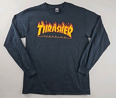 #ad Thrasher Magazine Size Medium Flames Black Long Sleeve Shirt Mens Skater Shirt