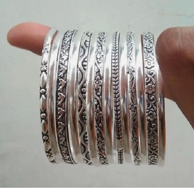 #ad 14 Set Of Silver Bangles Solid 925 Silver Handmade Stackable Women Bangle ST2
