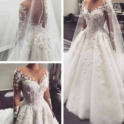 #ad Exquisite Wedding Dresses Long Sleeve Tulle Lace Applique Gowns Sweep Train