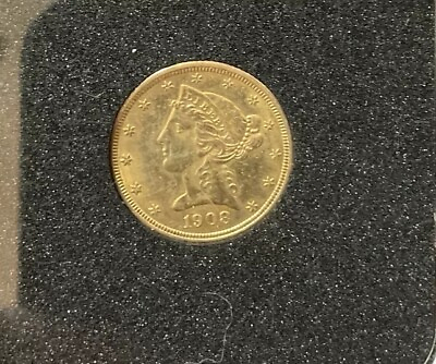 #ad 1908 $5 Liberty Head Gold U.S. Pre 33 Gold Coin