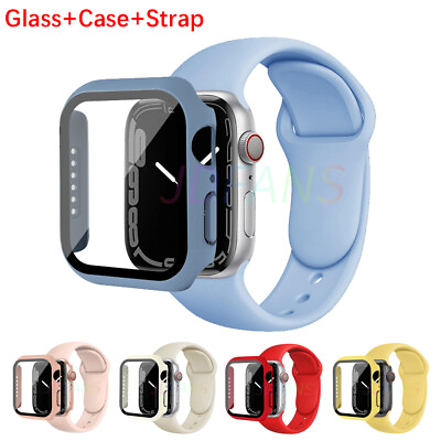 #ad Silicone iWatch Band StrapGlassCase For Apple Watch 8 7 6 5 4 3 2 1 41 45 49mm
