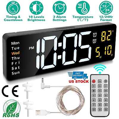 #ad 16quot; Digital LED Desk Alarm Clock Large LCD Display Wall Clock Temperature Date