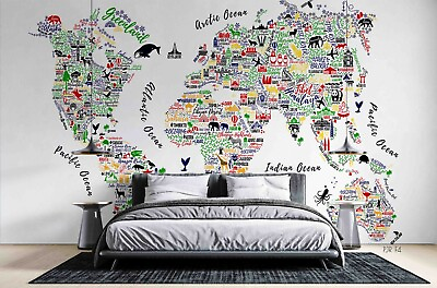 #ad 3D Colorful Animal World Map Self adhesive Removable Wallpaper Murals Wall