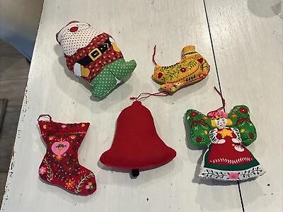 #ad Fabric Handmade Quilted Christmas Tree Ornaments Plush Stuffed Colorful Lot Of 5