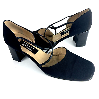 #ad Stuart Weitzman 8.5 B black d#x27;orsay heel pump fabric cris cross block heel