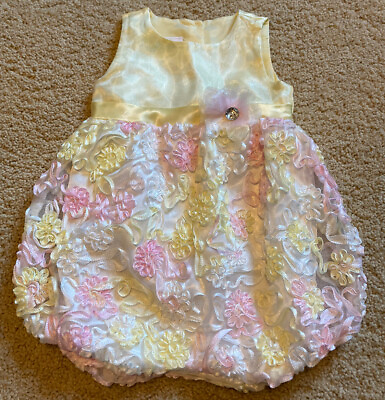 #ad Nannette Girls 18M Bubble Dress Romper Yellow Pink Raised Stitches Easter Spring