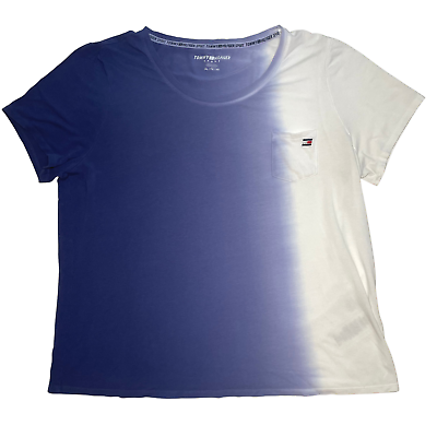 #ad Tommy Hilfiger Womens Dip Dye Tee Blue Gradient Logo Super Soft XL Tshirt