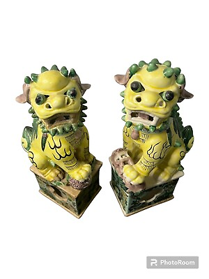 #ad 19th C. Pair of Chinese Export Famille Verte Buddhist Lions Foo Dogs 11.5quot;H
