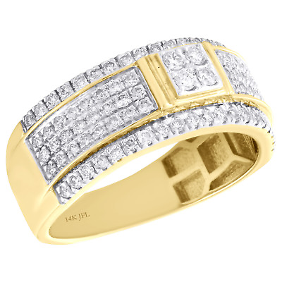 #ad 14K Yellow Gold Round Diamond Mens Wedding Band Tiered Quad Center Ring 1 CT.