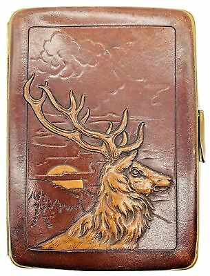 #ad Antique Hand Tooled Leather Wallet Pocketbook 5.5quot; x 4quot; Red Stag Buck Brown