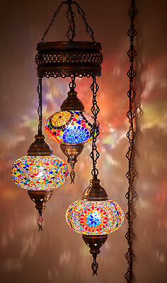 #ad PLUG IN 3 Globe Turkish Mosaic Swag Ceiling Hanging Lamp Chandelier Light w PLUG