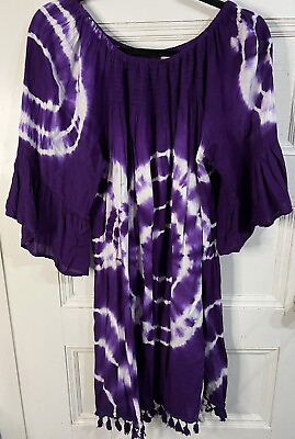 #ad Riviera Sun Purple And White Tye Dye Smocked Dress With Tassel Fringe Size XL