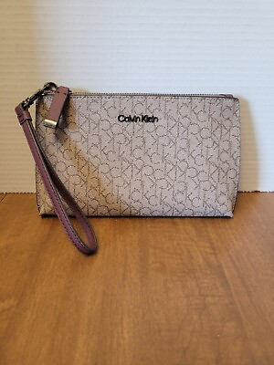 #ad Calvin Klein Womens Faux Leather Monogram Wristlet Beige With Maroon Accent
