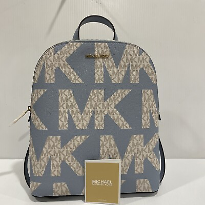 #ad NWT $298 MICHAEL KORS CINDY LARGE GRAPHIC LOGO BACKPACK PALE BLUE MULTI