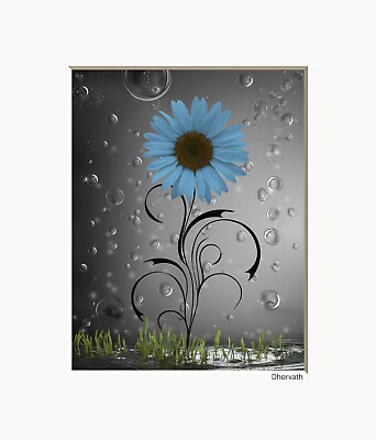 #ad Blue Wall Art Pop of Blue Sunflower Bubbles Matted Wall Art Picture Handmade