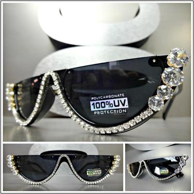 #ad CLASSIC Luxury RETRO Style SUNGLASSES Funky Black Frame Bling Crystals Hand Made