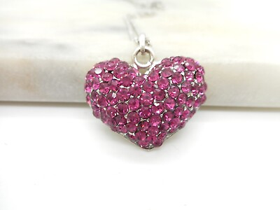 #ad Pink Puffy Heart Crystal Pendant Women Heart Necklace Sterling Silver Plated