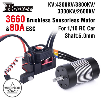 #ad Rocket 3660 Brushless Sensorless Motor 4300 3800 6000KV 80A ESC for 1 10 RC Car
