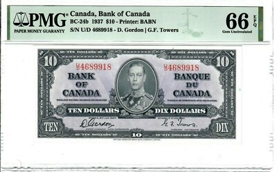 #ad Canada $10 Dollar Banknote 1937 BC 24b PMG GEM UNC 66 EPQ Vintage and Rare Grade