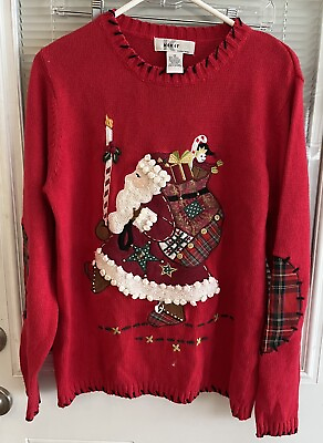 #ad KIKIT Sweater Santa Gifts Christmas Vntg Red Applique Beads Embroidery Sz M EUC