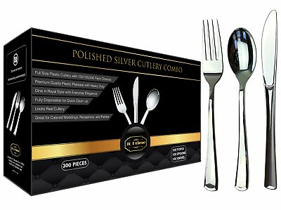 #ad JL Prime 300 Pack Heavy Duty Disposable Silver Plastic Silverware Set for Party