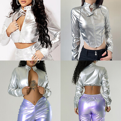 #ad Womens Crop Top Long Sleeve Jackets Metallic Coat Cropped Clubwear Front Zip
