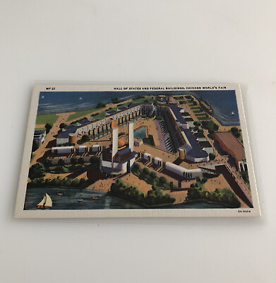 #ad Chicago Worlds Fair 1933 Postcard Linen Unused HALL STATES AND FEDERAL BUILDING