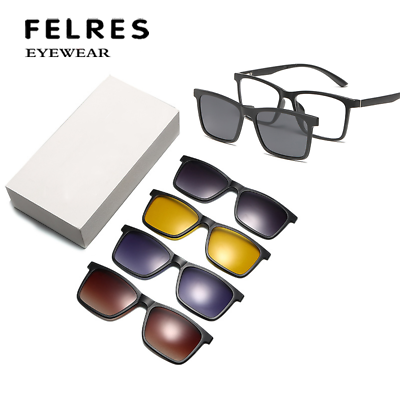 #ad 5 in 1 Retro Magnetic Clip On Polarized Square Sunglasses Men Stylish Eyewear