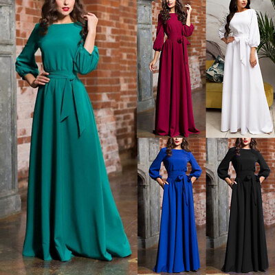 #ad ✿Womens Elegance Evening Dress Lantern Sleeve Solid Color Long Party Dress G