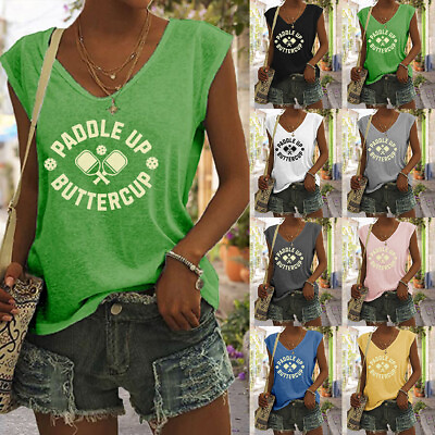 #ad Women Summer Sleeveless V Neck Casual Pullover Letter Tank Polyester T Shirts