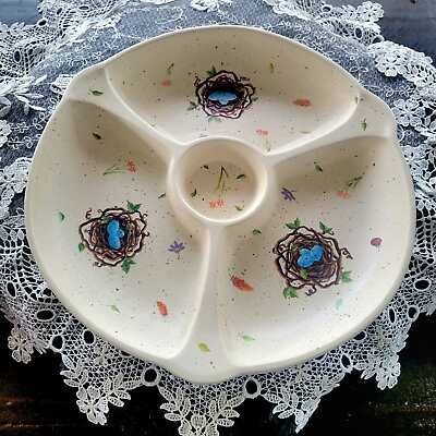 #ad Stoneware Divided Platter Dish Birds Nest Blue Robin Eggs Simple Treasures Beige