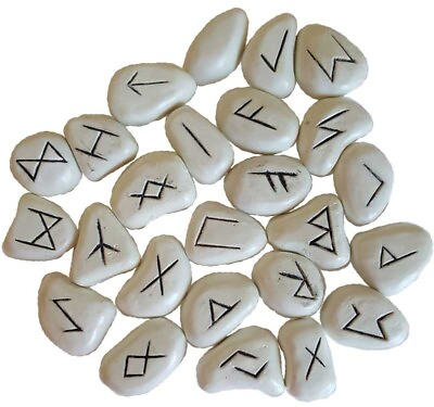 #ad 25pc White Resin Rune Stones Set Norse Elder Futhark Tiles Ritual Divination